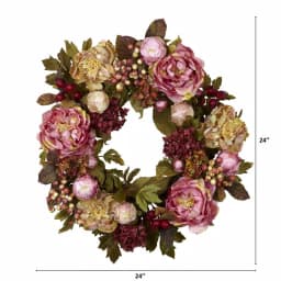 Nearly Natural 24 in. Red Peony Hydrangea Wreath with Berries and Greenery thumbnail 6