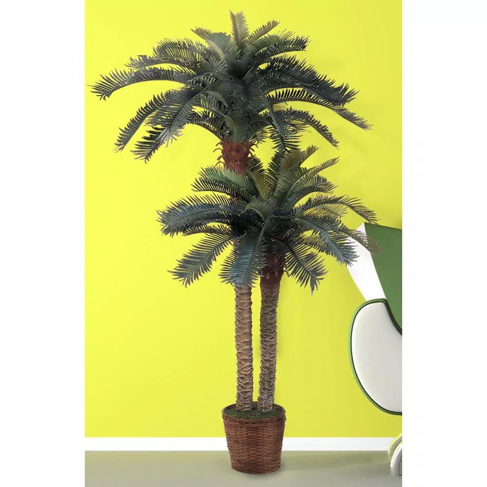 Nearly Natural 6 ft. and 4 ft. Sago Palm Double Potted Silk Tree in Brown Wicker Basket