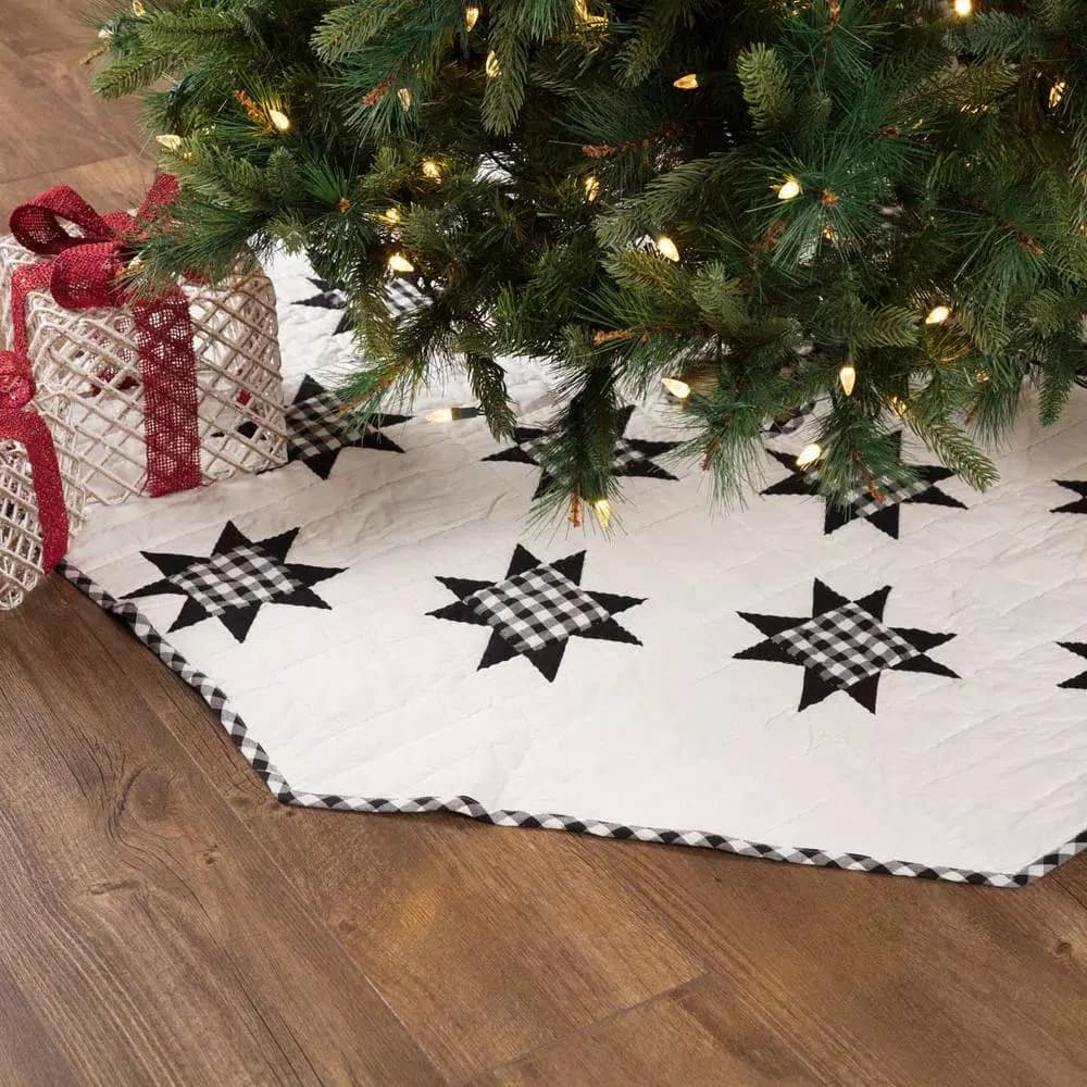 VHC Brands Emmie 55 in. Black and White Patchwork Christmas Tree Skirt - Hand-Quilted Cotton