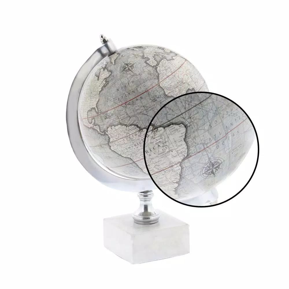 LITTON LANE 11 in. Modern Decorative White and Silver Globe with Stoneware Base