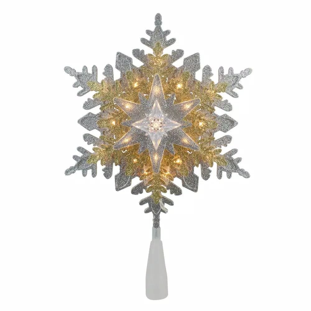 Northlight 13.5 in. Lighted Gold and Silver 3-Layer Snowflake Christmas Tree Topper with 20 Clear Mini Lights