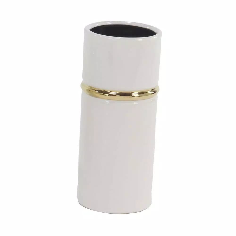 LITTON LANE White Ceramic Decorative Vase Set of 3 with Gold Lining Detail, Modern Cylinder Design