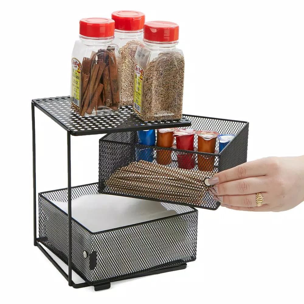 Mind Reader Rotating 2-Tier All-Purpose Organizer Shelf with Magnetic Baskets and Top Shelf, Black