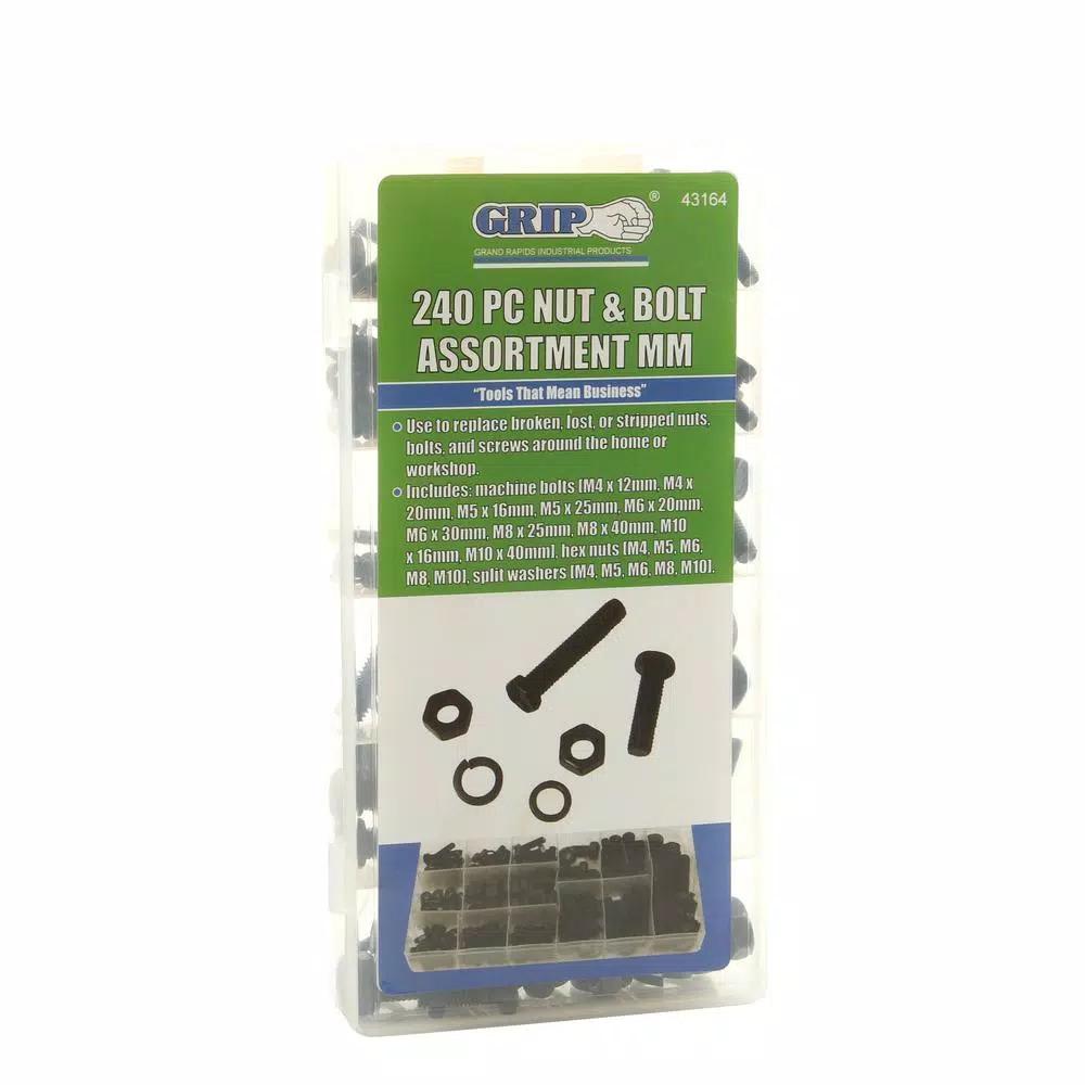 Grand Rapids Industrial Products Grip 240-Piece Nut and Bolt Assortment Set with Hex Nuts and Split Washers