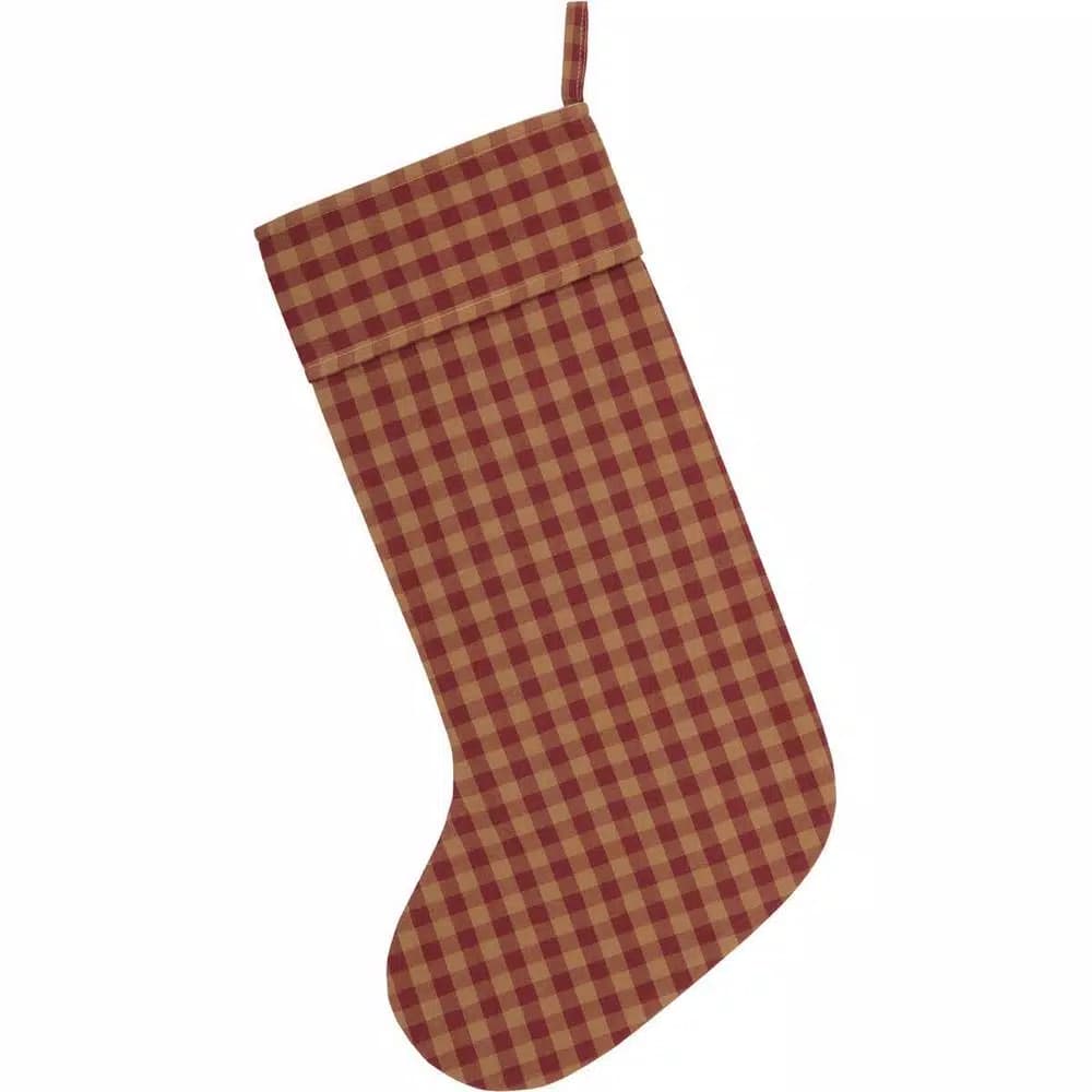 VHC Brands 20 in. Burgundy and Tan Check Cotton Christmas Stocking - Primitive Holiday Decor