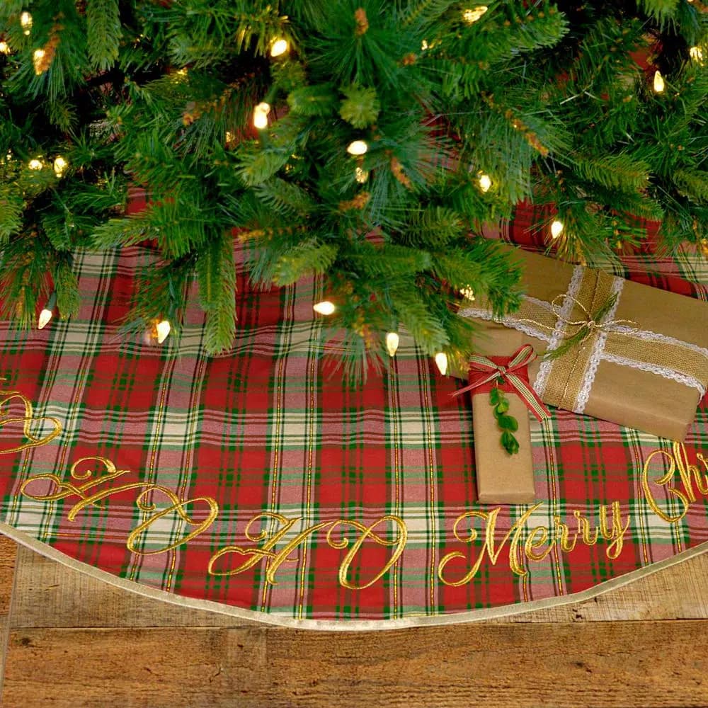 VHC Brands 48 in. Holiday Cherry Red Plaid Cotton Christmas Tree Skirt with Gold Embroidery