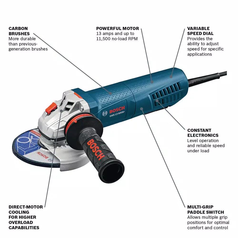 Bosch GWS13-50VSP 5 in. Variable Speed Corded Angle Grinder, 13 Amp