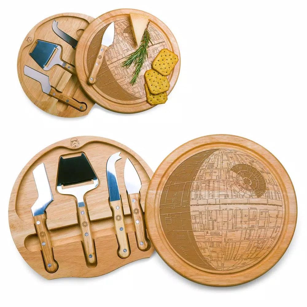 TOSCANA Picnic Time Circo 10.2 in. Rubberwood Cheese Board and 4-Piece Stainless Steel Tool Set