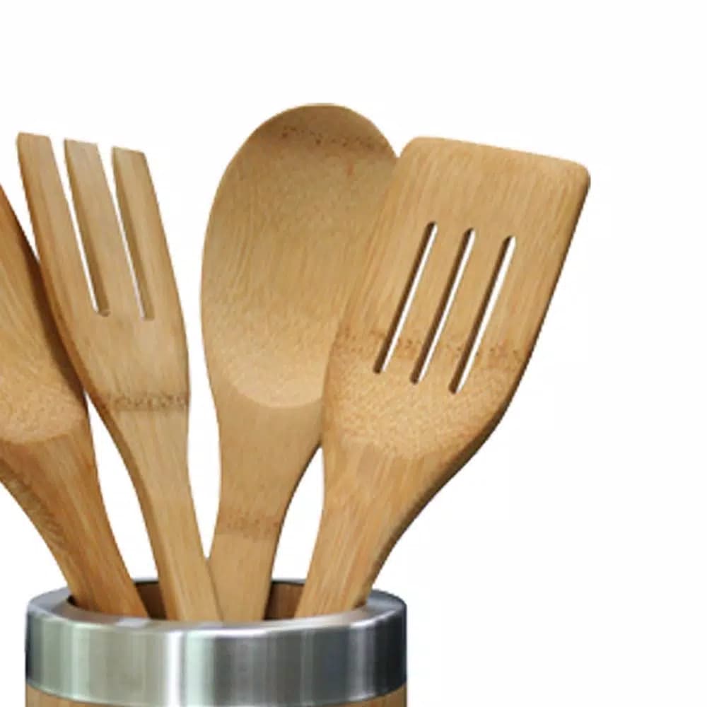 Home Basics 5-Piece Bamboo Kitchen Utensil Set with Vertical Standing Holder