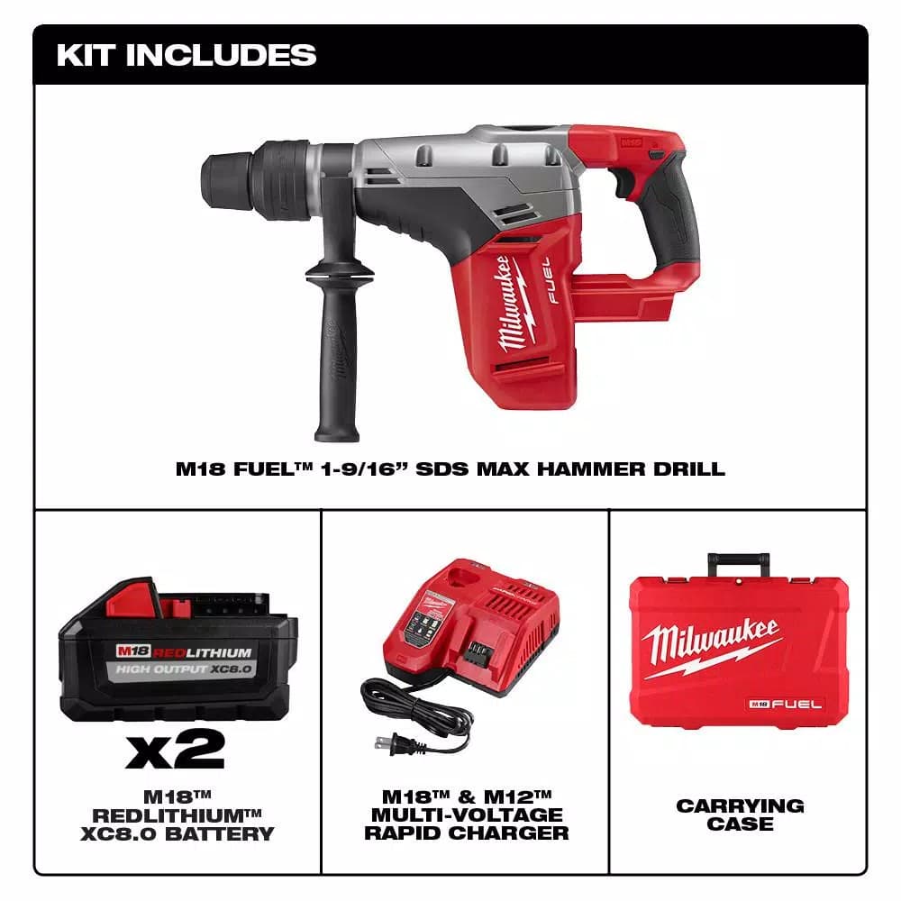 Milwaukee M18 FUEL 1-9/16 in. SDS-Max Rotary Hammer Kit with Two 8.0 Ah Batteries & Charger