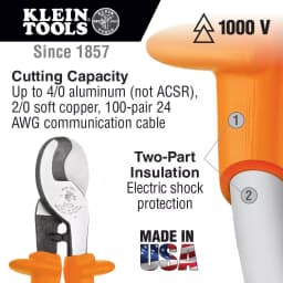 Klein Tools 9-5/8 in. Insulated High-Leverage Cable Cutters, 1000V Rated thumbnail 2