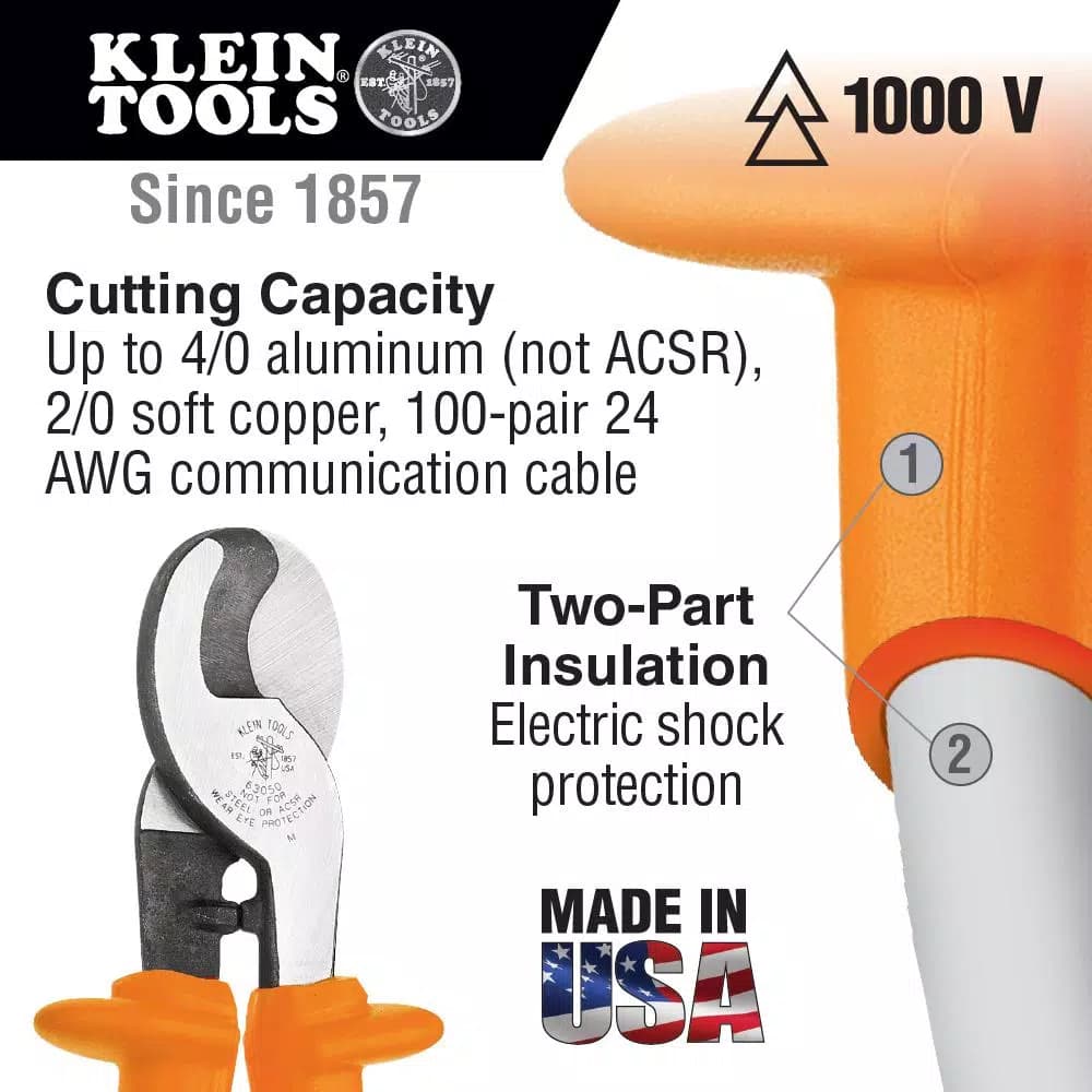 Klein Tools 9-5/8 in. Insulated High-Leverage Cable Cutters, 1000V Rated