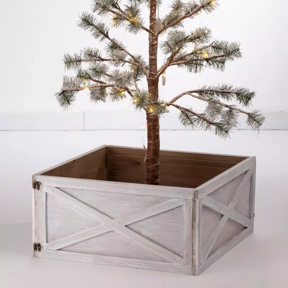 Glitzhome 22.09 in. Washed White Wooden Tree Collar - Rustic Farmhouse Christmas Tree Box