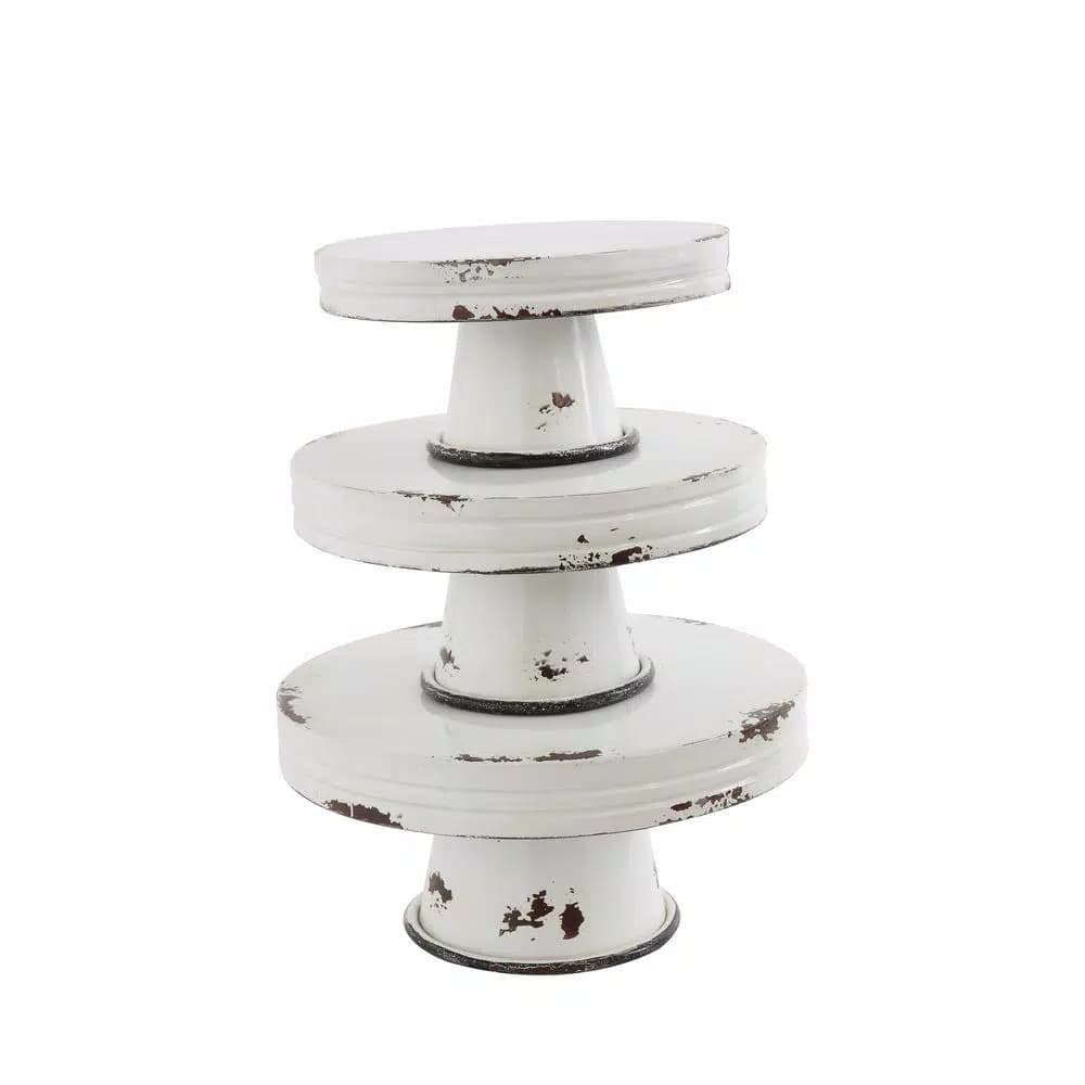 3R Studios Distressed White Metal Cake Stand Set of 3 - Country Cottage Style Pedestals