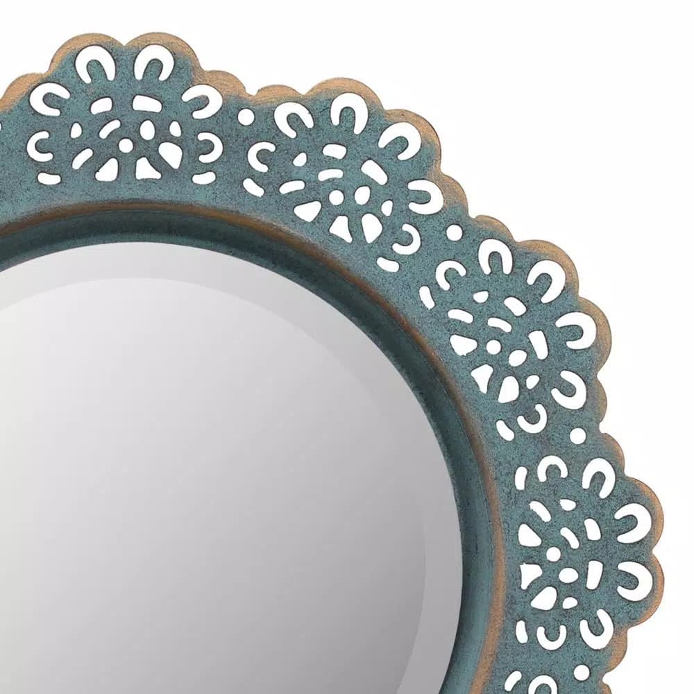 Stonebriar Collection Stonebriar Small Round Turquoise Metal Lace Accent Mirror with Brass Highlights, 12.5 in.