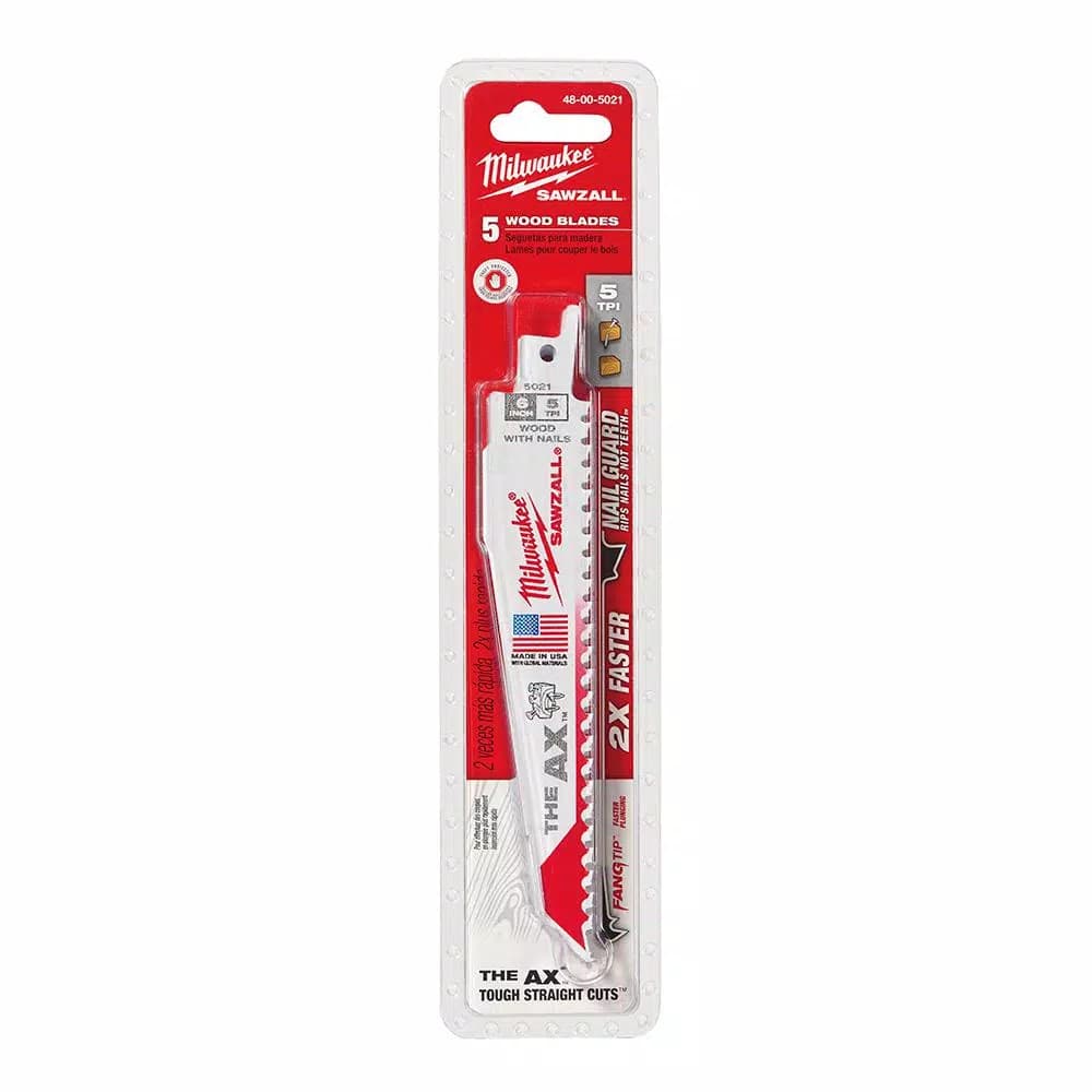 Milwaukee AX 6 in. 5 TPI Wood & Nail Embedded Reciprocating Saw Blades (5-Pack)