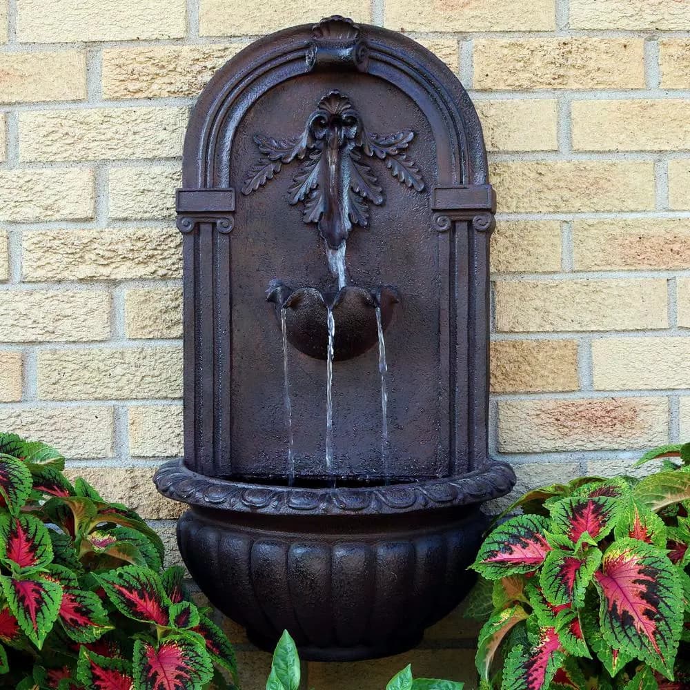 Sunnydaze Decor Florence Iron Lead Finish Solar Outdoor Wall Fountain - Decorative Resin Water Feature