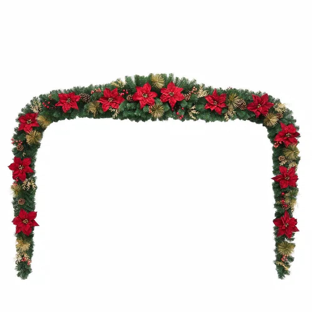 Home Accents Holiday Home Holiday Accents 17 ft. Burgundy Poinsettia Mixed Pine Garland with Berries and Gold Glitter Cedar