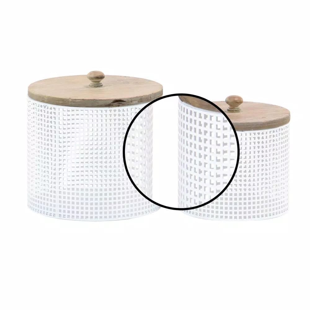 LITTON LANE White Iron Mesh Round Canisters with Wooden Lids, Set of 2