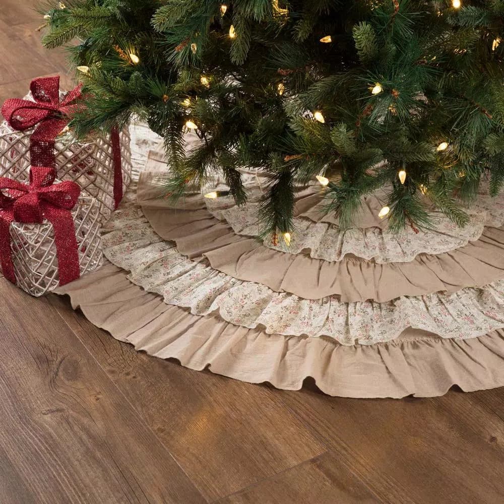 VHC Brands 55 in. Carol Khaki Tan & Winter Floral Ruffled Farmhouse Christmas Tree Skirt