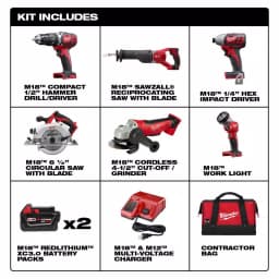 Milwaukee M18 18V Lithium-Ion Cordless 6-Tool Combo Kit with Two 3.0 Ah Batteries, Charger, and Tool Bag thumbnail 2