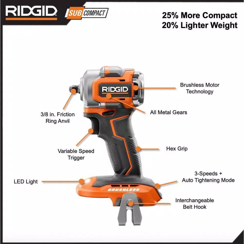 RIDGID 18V SubCompact Brushless 3/8 in. Cordless Impact Wrench (Tool Only)