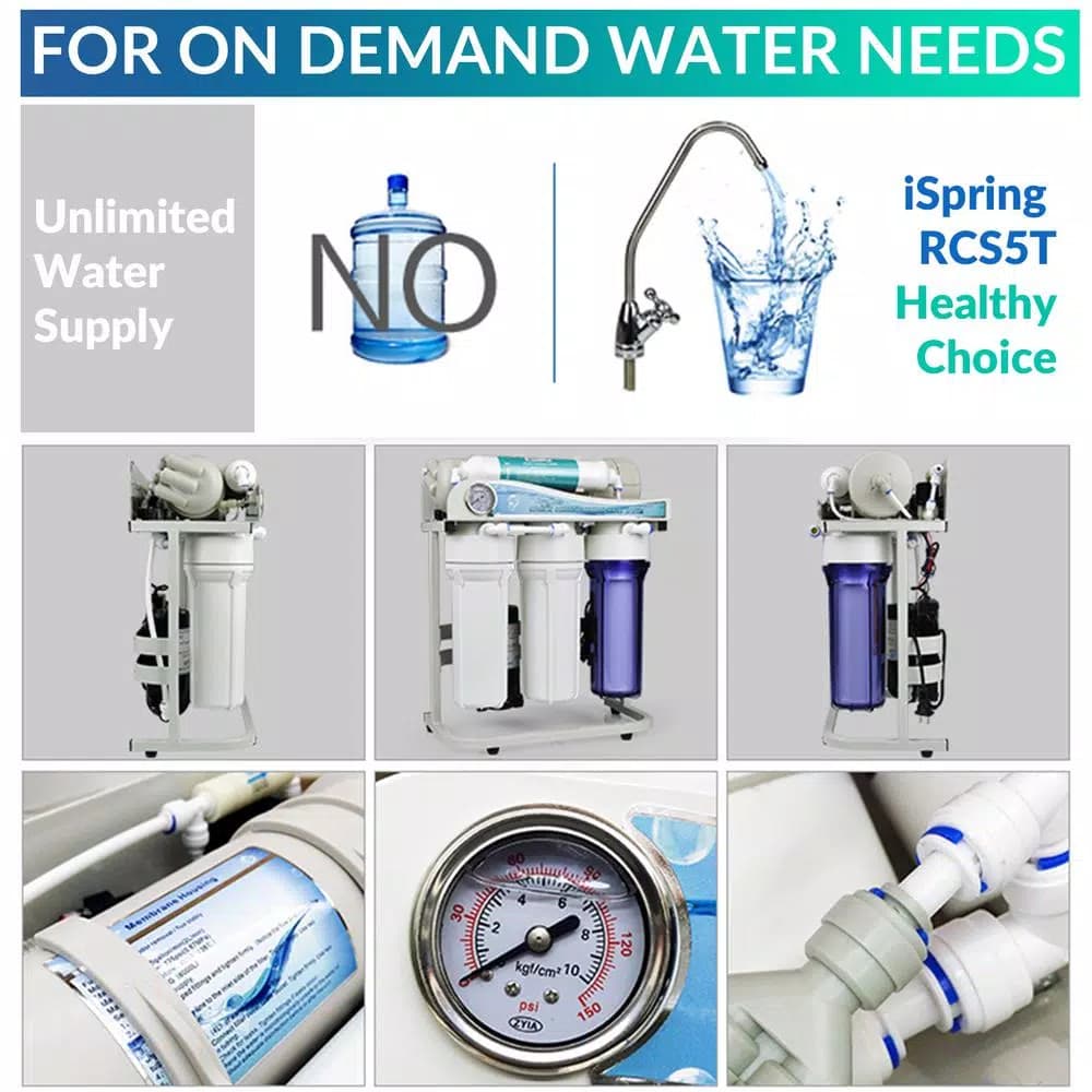 ISPRING RCS5T 500GPD Tankless Reverse Osmosis Water Filtration System, 1:1 Drain Ratio, Under Sink