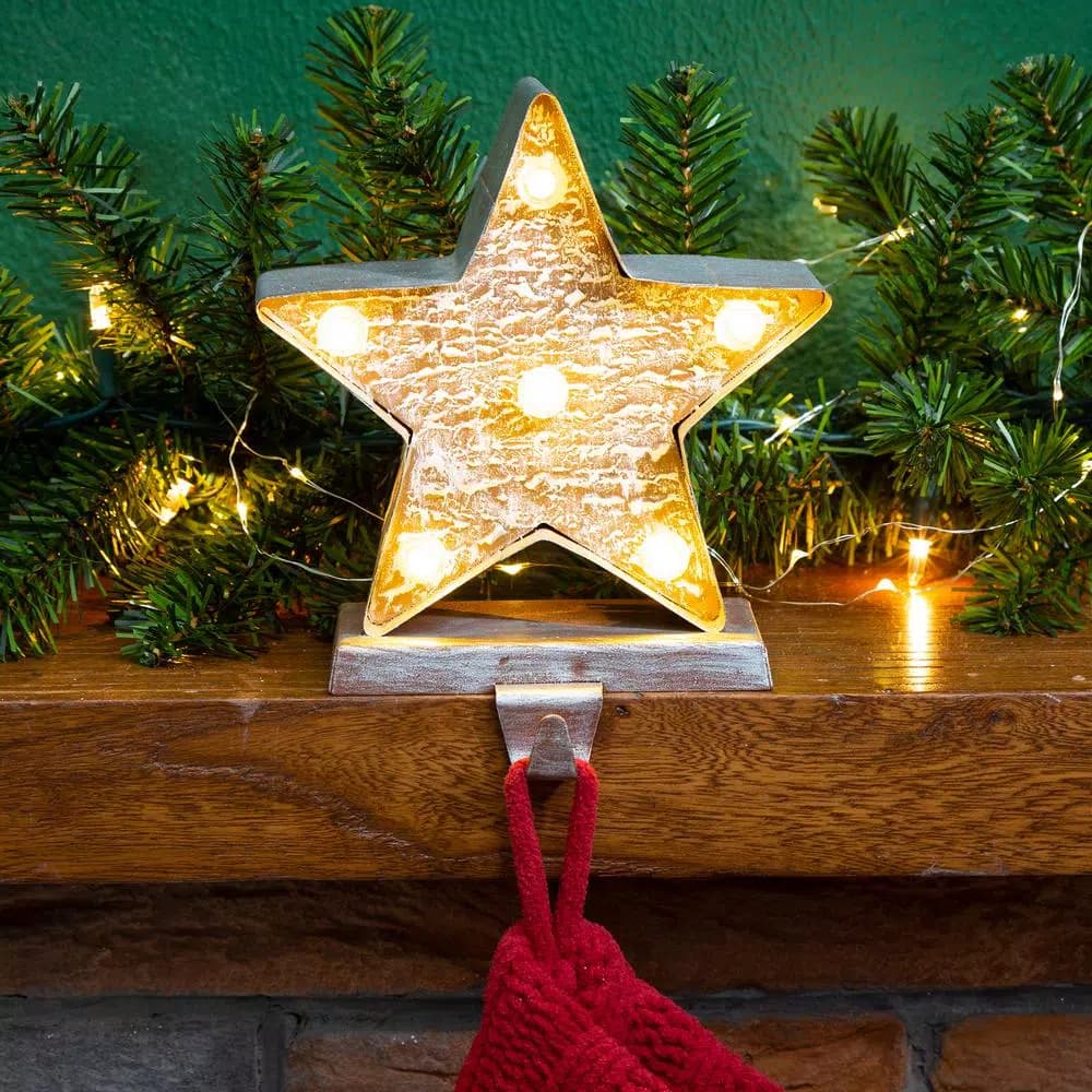 Glitzhome 7.5 in. Marquee LED Lighted Star Christmas Stocking Holder, Gold