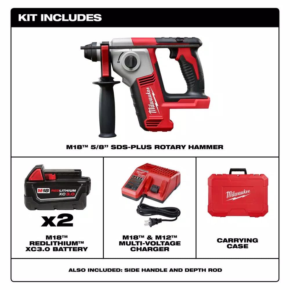 Milwaukee M18 18V Cordless 5/8 in. SDS-Plus Rotary Hammer Kit with (2) 3.0Ah Batteries, Charger, and Hard Case