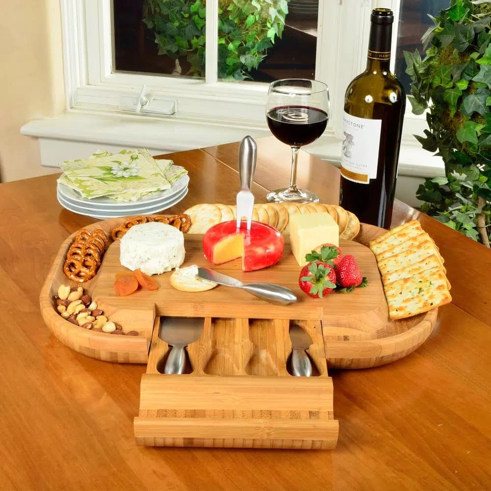 Unbranded Picnic at Ascot Malvern Deluxe Bamboo Cheese Board Set with 4 Stainless Steel Tools
