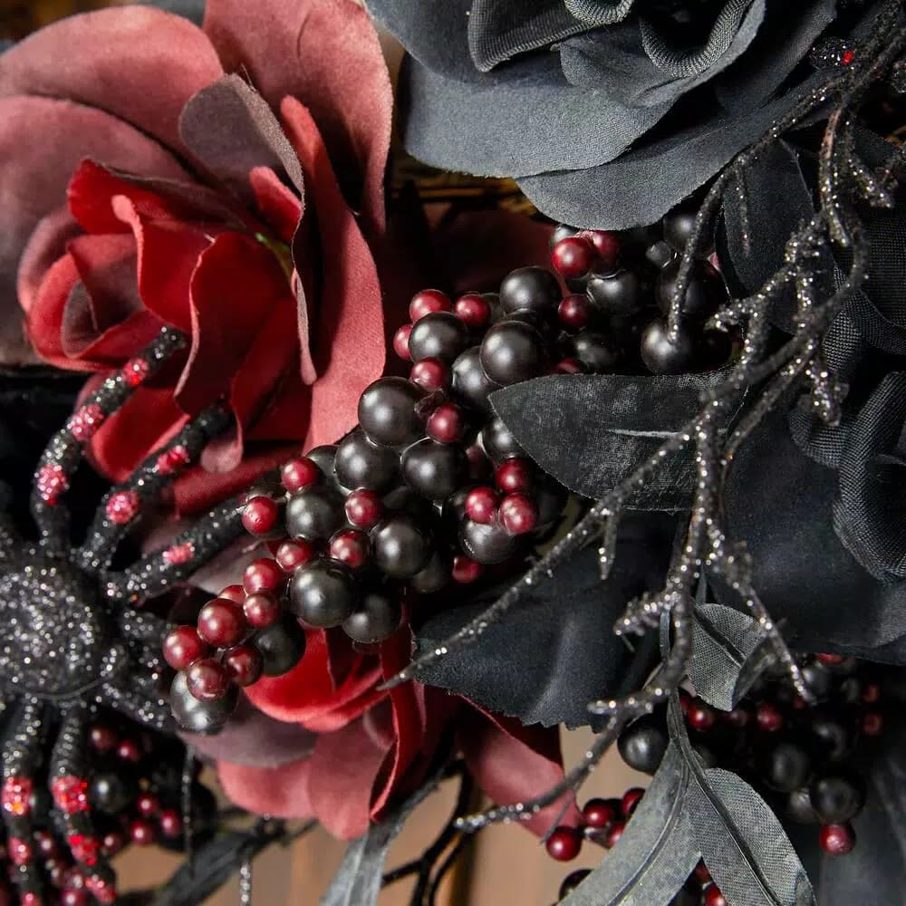 Home Accents Holiday 30 in. Black and Burgundy Artificial Rose Halloween Wreath