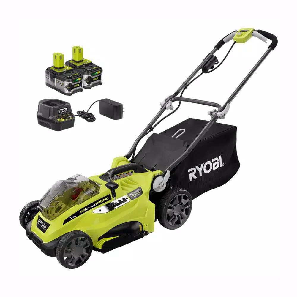 RYOBI 16 in. ONE+ 18V Lithium-Ion Hybrid Walk Behind Push Lawn Mower with (2) 4.0 Ah Batteries and Charger
