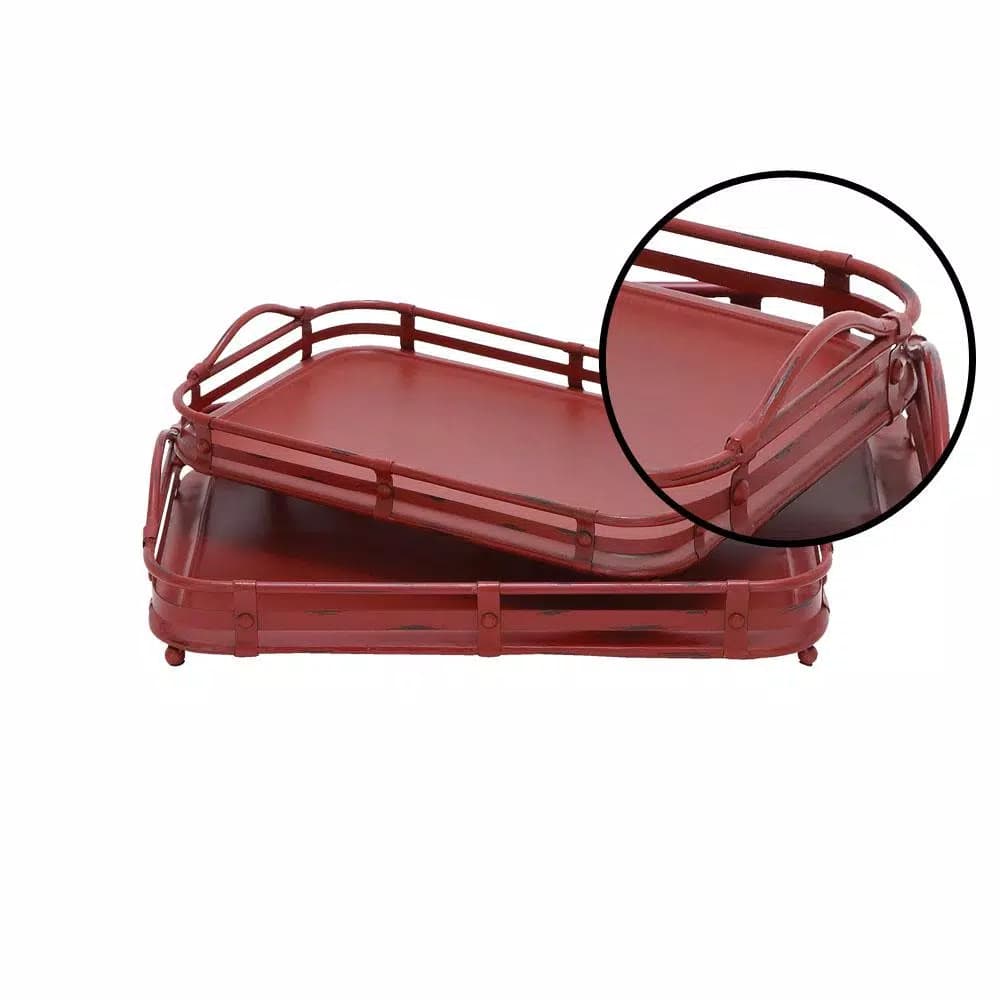 LITTON LANE Farmhouse Rustic Red Metal Wagon Top Decorative Trays, Set of 2