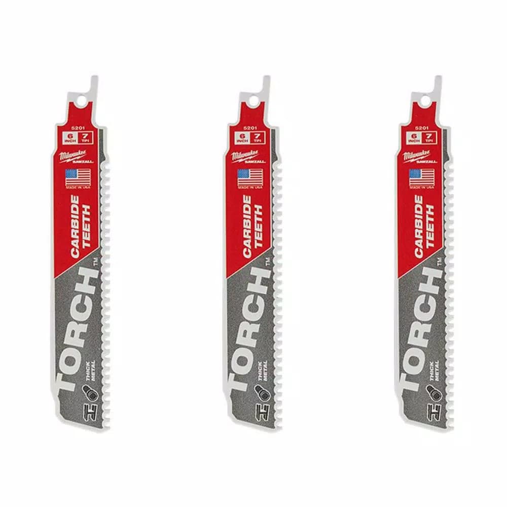 Milwaukee TORCH 6 in. 7 TPI Carbide Teeth Reciprocating Saw Blades for Thick Metal Cutting (3-Pack)