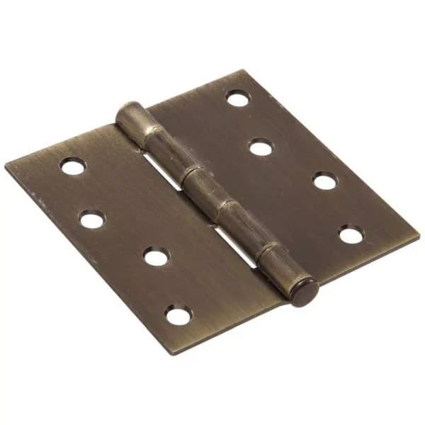 Hardware Essentials 4 in. Antique Brass Residential Door Hinge, Square Corner, Full Mortise (9-Pack)