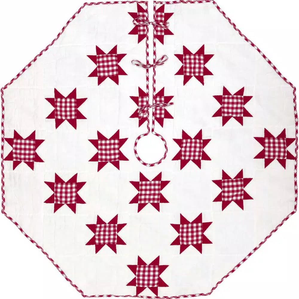 VHC Brands Emmie 60 in. Red Patchwork Christmas Tree Skirt - Hand-Quilted Cotton Farmhouse Decor