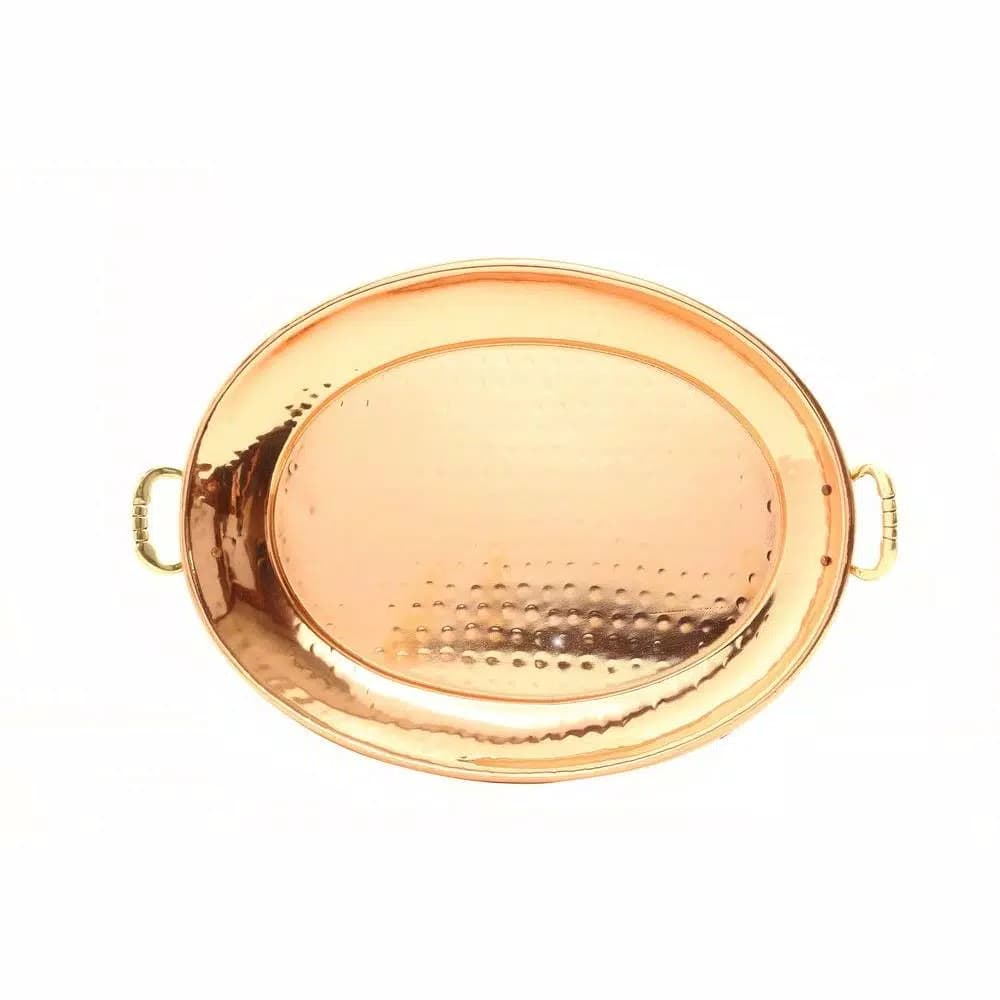 Old Dutch Handcrafted Hammered Copper Oval Serving Tray with Cast Brass Handles, 13.25 in.
