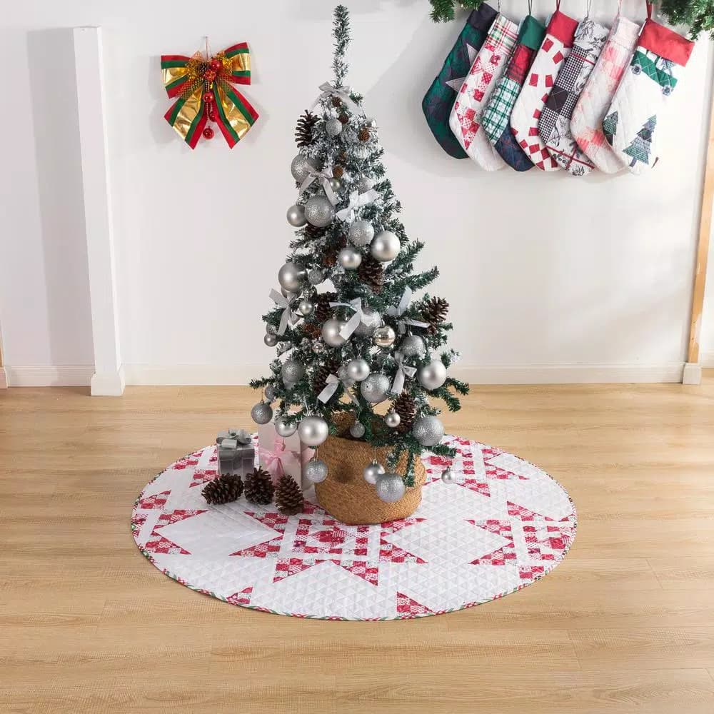 Country Living Angelina 48 in. Reversible Quilted Tree Skirt, Red and White Patchwork Star