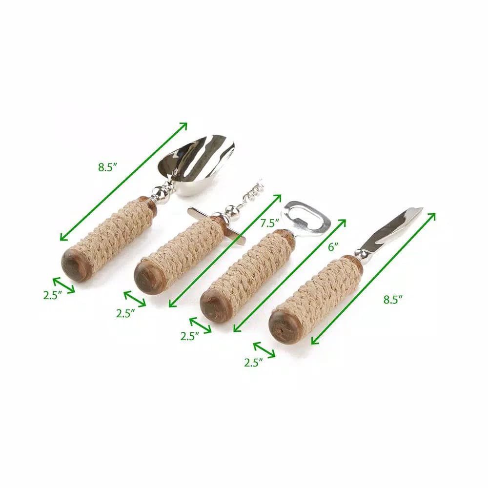 Mind Reader Products 4-Piece Bar Tool Set with Rope-Wrapped Handles, Stainless Steel