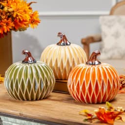 Gerson Assorted 6 in. Dolomite Ceramic Harvest Pumpkins, Diamond Texture Set of 3 thumbnail 2
