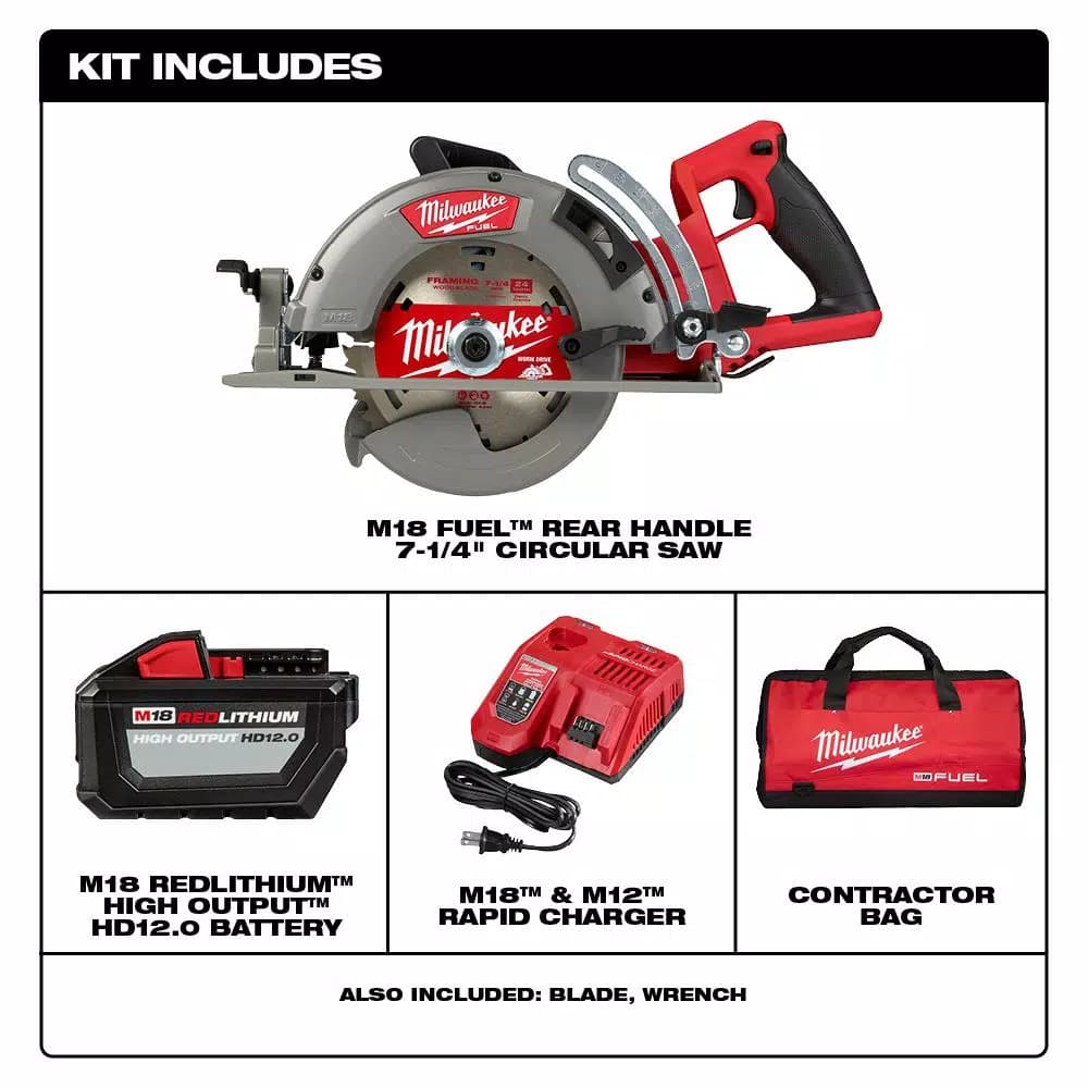 Milwaukee M18 FUEL 7-1/4 in. Cordless Rear Handle Circular Saw Kit with 12.0 Ah Battery & Rapid Charger