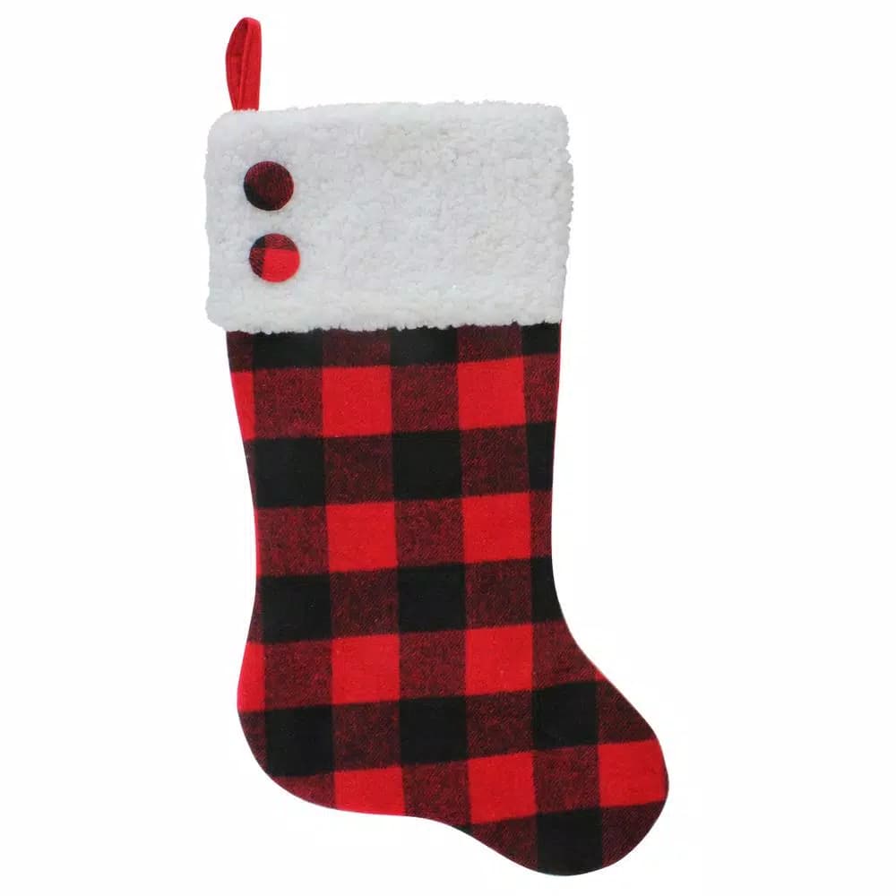 Northlight 23 in. Black and Red Buffalo Plaid Christmas Stocking with White Sherpa Cuff