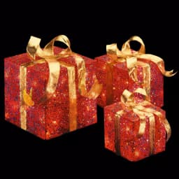 National Tree Company Pre-Lit Red Sisal Gift Box Assortment with Gold Bows - 3 Piece Set thumbnail 1