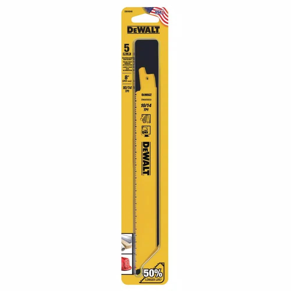 DEWALT 8 in. Bi-Metal Reciprocating Saw Blades, 10/14 TPI, Straight Back, 5-Pack