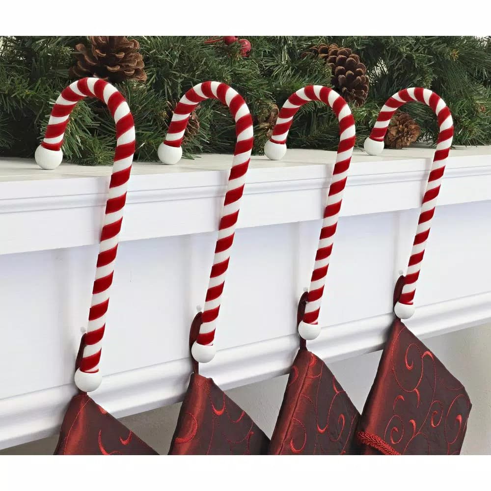 Haute Decor 9 in. Red and White Candy Cane Steel Core Stocking Holder (4-Pack)