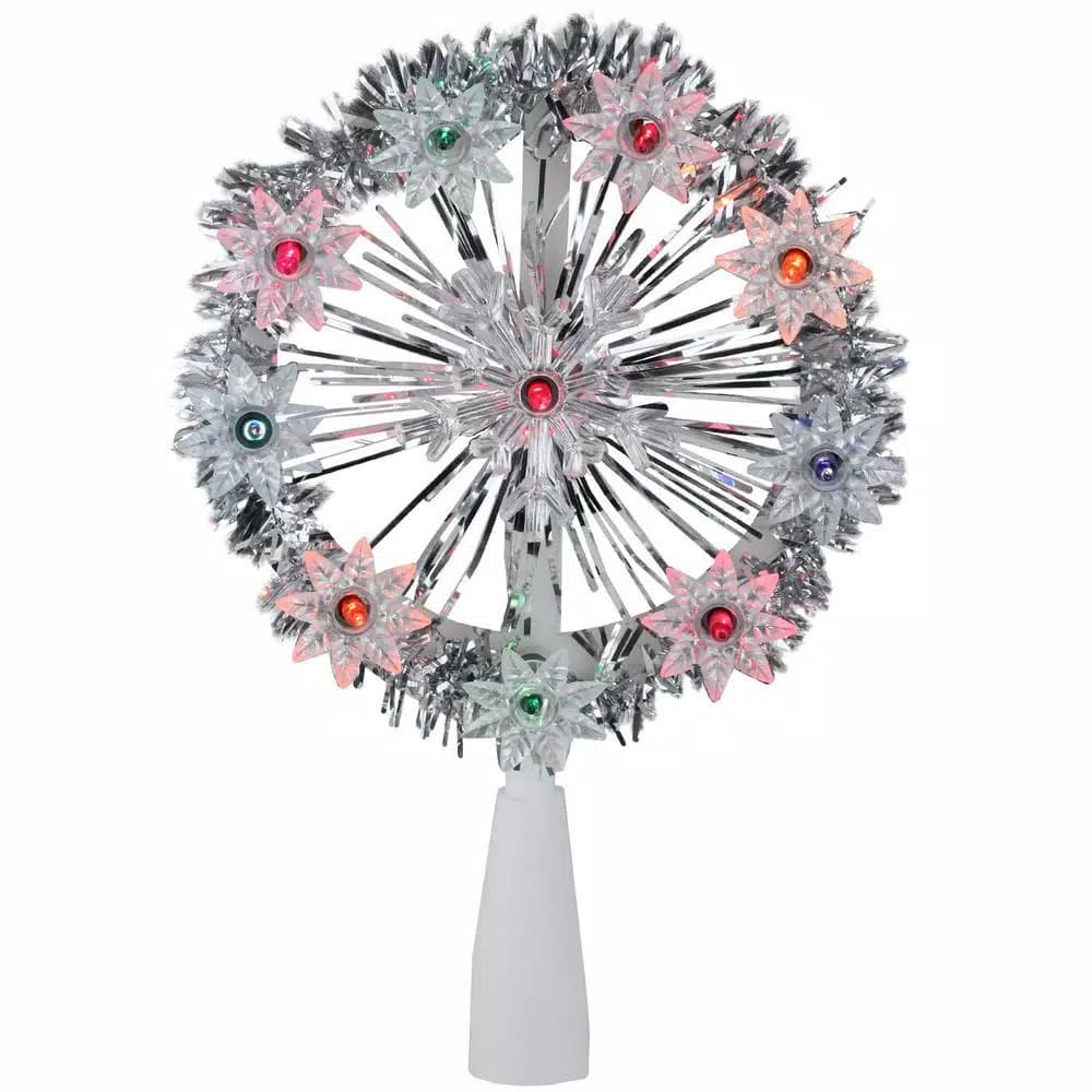 Northlight 7 in. Silver Tinsel Snowflake Starburst Christmas Tree Topper with Multi-Color Lights