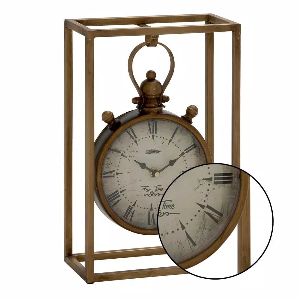 LITTON LANE 13 in. Round Iron Table Clock with Rectangular Metal Frame, Tarnished Bronze Finish