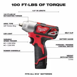 Milwaukee M12 12V Lithium-Ion Cordless 3/8 in. Impact Wrench Kit with (2) 1.5 Ah Batteries, Charger & Hard Case thumbnail 3