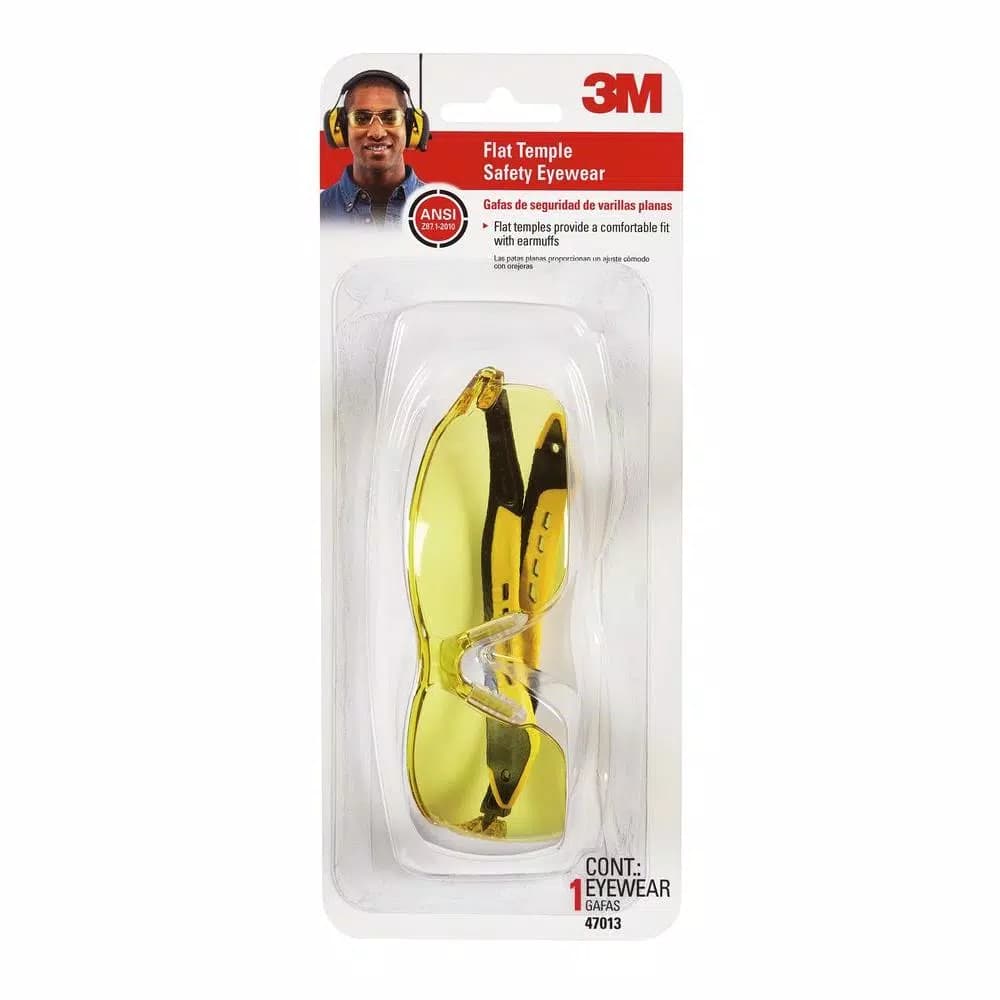 3M Flat Temple Safety Glasses with Amber Lenses, High-Impact Protection