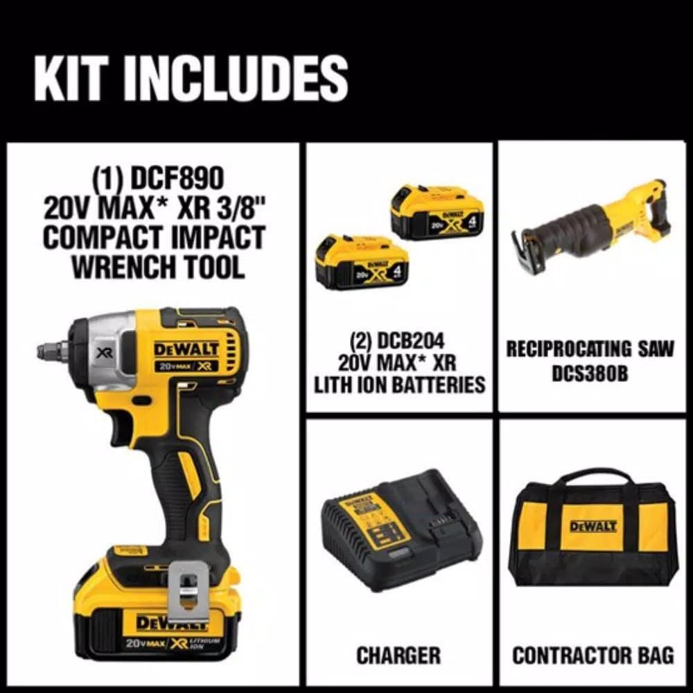 DEWALT 20V MAX XR Cordless Brushless 3/8 in. Compact Impact Wrench & Reciprocating Saw Combo Kit